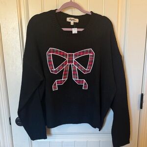 Haptics Black Sweater with Red Plaid Bow